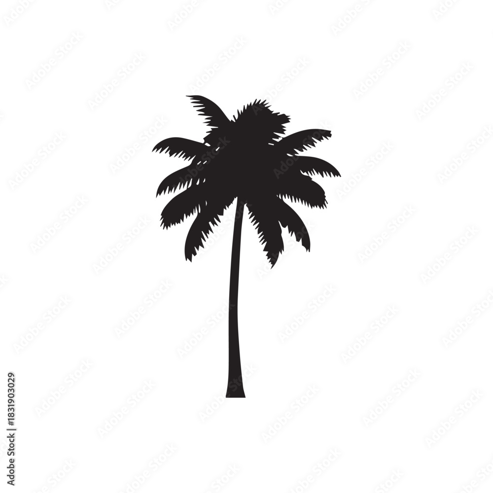 Obraz premium Silhouette of a tall palm tree against a plain white background, isolated.