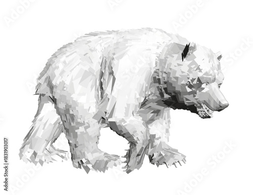 A low poly polar bear walks across a white background in a black and white abstract style.