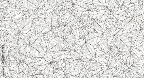 Dense and detailed seamless pattern of various overlapping leaves, all hand-drawn in an intricate black and white line art style.