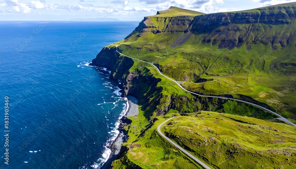 Naklejka premium 海岸線を走る道と丘を空撮で見下ろした爽やかな自然風景