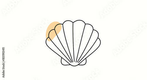Minimalist line art illustration of a scallop seashell with a simple orange abstract shape, isolated on a clean white background.