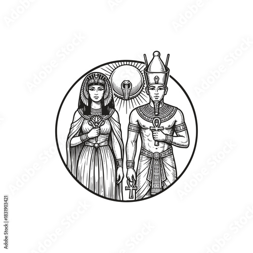 engraving style illustration of an Egyptian Pharaoh and Queen Cleopatra wearing royal headdresses and holding symbolic items