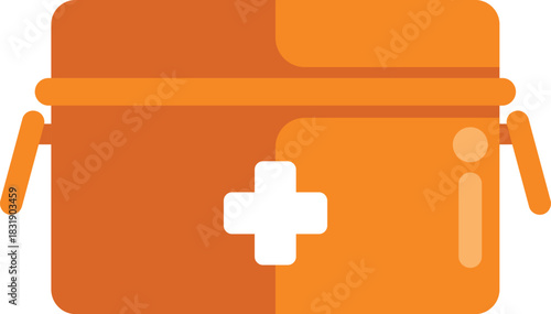 Orange first aid kit closed, with a white cross symbol on the front, suggesting medical equipment and emergency preparedness
