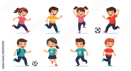 Diverse group of happy cartoon children, boys and girls, running, jumping, and playing with a soccer ball with joyful expressions.