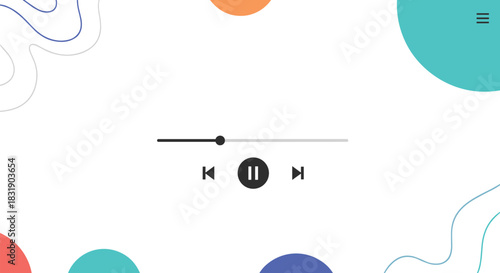 Modern music player interface with play, pause, and skip buttons on a minimal background with colorful abstract shapes and lines.