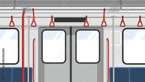 Modern subway car interior with empty seats and closed doors offers clean urban transportation background for travel concept