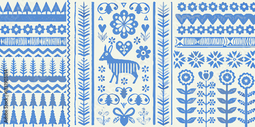 Ai,jpg and eps | blue folk art pattern featuring deer, flowers, trees and geometric shapes in a vertical arrangement | editable vectors