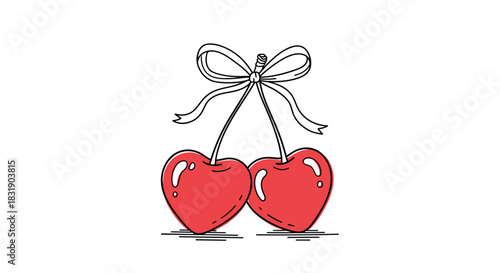 Romantic illustration of two red heart-shaped cherries tied together with a bow, in a hand-drawn sketchy style on white.