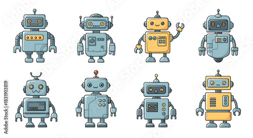 Collection of eight cute and friendly cartoon robots in various retro designs, featuring blue and yellow colors on a white background.