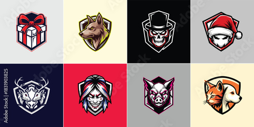 Esports Mascot Logo Bundle Design Vector Set: Fierce Animal Heads, Skulls, Wolf, Fox, Boar, Deer, Woman, Santa Hat, Christmas Gift Shield Badge Gaming Team Emblem Collection