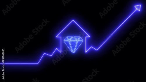 Home icon house sign neon lights animation with up arrow diamond stone icon. Neon House, home building animation. Neon home business graph icon animation, Gem Stone on a Transparent Background