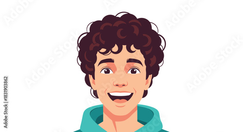 Cheerful cartoon portrait of a happy young man with curly brown hair and a bright, friendly smile on a white background.