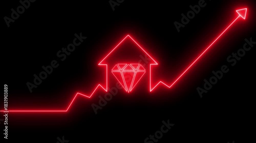 Home icon house sign neon lights animation with up arrow diamond stone icon. Neon House, home building animation. Neon home business graph icon animation, Gem Stone on a Transparent Background