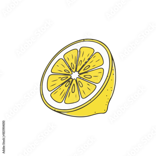 A stylized illustration of a halved lemon, showcasing its internal structure and vibrant yellow color.