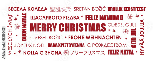 merry christmas greeting card with text in different languages vector illustration