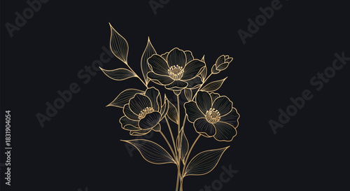 Elegant and luxurious botanical illustration of flowers and leaves in a golden line art style, isolated on a dark navy background.