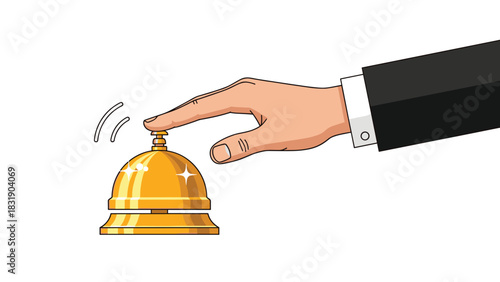 Guest rings gold hotel service bell for immediate assistance and prompt attention at reception desk, cartoon vector graphic
