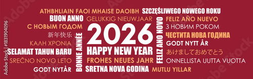 2026 happy new year greeting card with text in different languages vector illustration