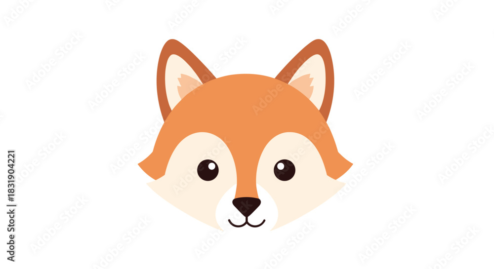 Naklejka premium Simple and adorable flat illustration of a cute cartoon fox face with a friendly expression, isolated on a white background.