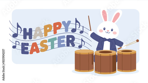 Cute cartoon bunny conducting an easter drum band with musical notes and colorful text
