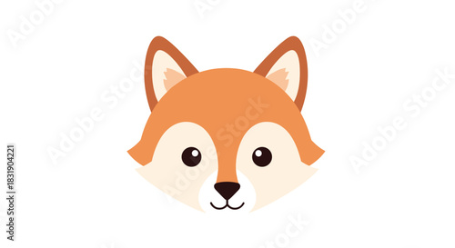 Simple and adorable flat illustration of a cute cartoon fox face with a friendly expression, isolated on a white background.