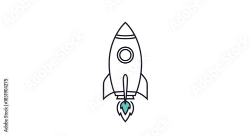 A simple line art illustration of a retro-style rocket ship launching with flames, isolated on a clean white background.