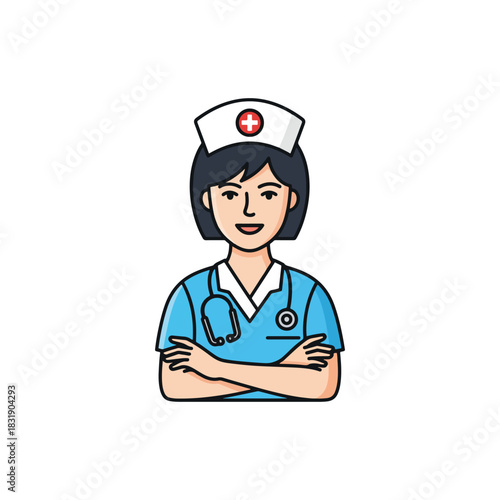 A smiling cartoon nurse with arms crossed, wearing a uniform and stethoscope, ready to assist.