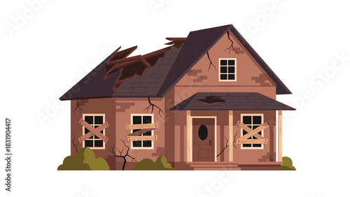 Dilapidated house with boarded windows and damaged roof evokes feelings of abandonment, neglect, and potential real estate opportunities