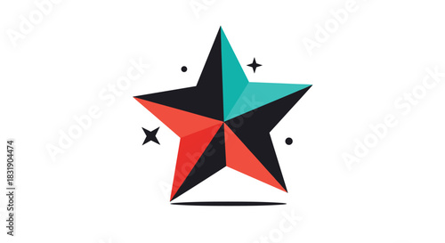 A modern and dynamic geometric star icon with colorful facets in red, teal, and black, isolated on a white background.