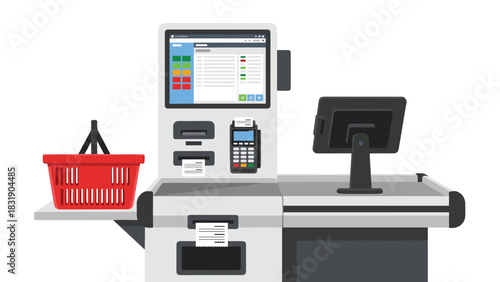 Effortless checkout experience with a modern self-service kiosk and vibrant red shopping basket for quick retail transactions