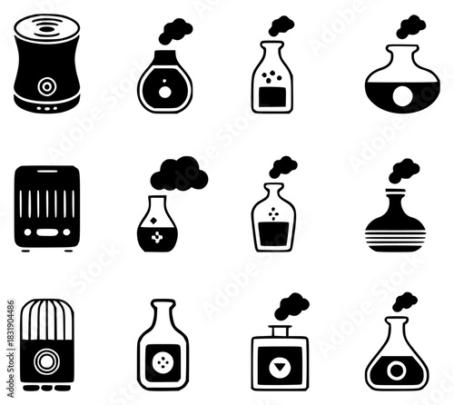 Black and White Icons of Humidifiers and Essential Oil Diffusers
