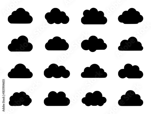 Collection of Black Cloud Icons on White Background