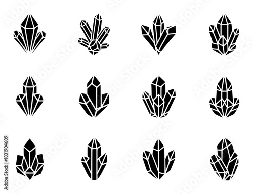 Collection of Black Crystal Cluster Icons on White Background