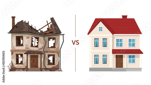 Before and after home renovation showing dramatic transformation from dilapidated to modern, perfect for real estate or insurance ads