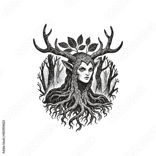Gothic illustration of a powerful Dryad or Forest Goddess with roots and bark forming her body, and antlers/leaves on her head