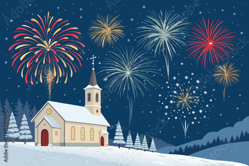 Christmas Fireworks Above Snowy Church Premium Digital Asset Suitable for Design