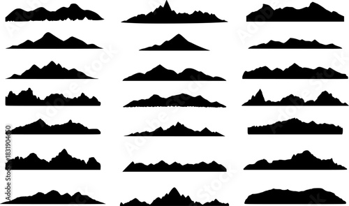 Collection of Black Silhouette Mountain Ranges and Peaks