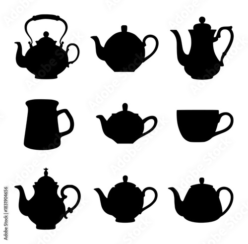 Collection of Black Silhouette Teapots and a Cup on White Background