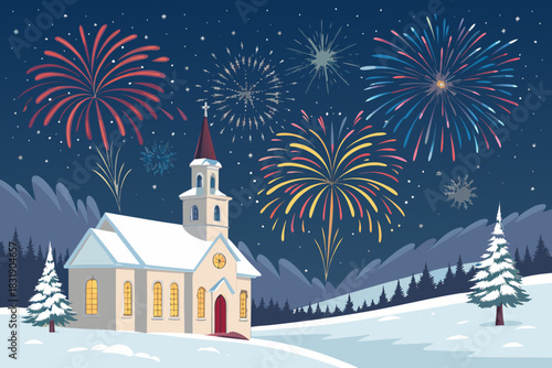 Christmas Fireworks Above Snowy Church Premium Digital Asset Suitable for Design