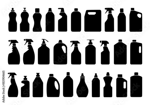 Collection of Black Silhouettes of Cleaning Product Bottles
