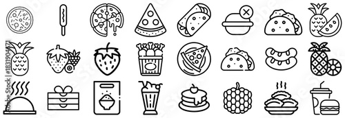 Collection of Food and Drink Icons Pizza, Tacos, Fruits, and Desserts
