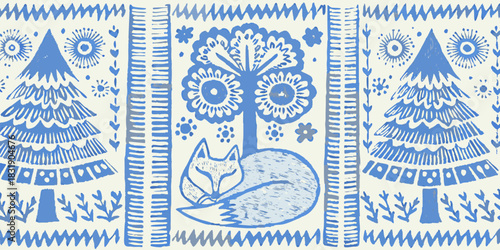 Ai,jpg and eps | blue folk art illustration featuring trees fox and floral elements in a symmetrical arrangement design | editable vectors