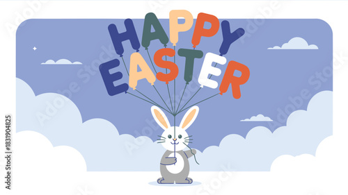 Cute cartoon bunny holding balloons that spell out happy easter against a cloudy sky background