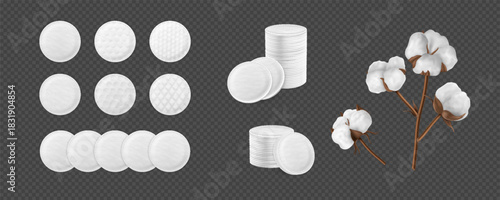 Cosmetic cotton pad disk with cotton plant, white soft round sponge discs different embossed surface textures vector set