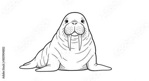 A detailed and realistic black and white line drawing of a walrus with large tusks, sitting on a clean white background.