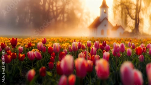 Aerial view of a field of tulips during sunset, with a church silhouette in the background. The tulips are in full bloom, with vibrant hues of pink, red, and yellow dominating the scene.
