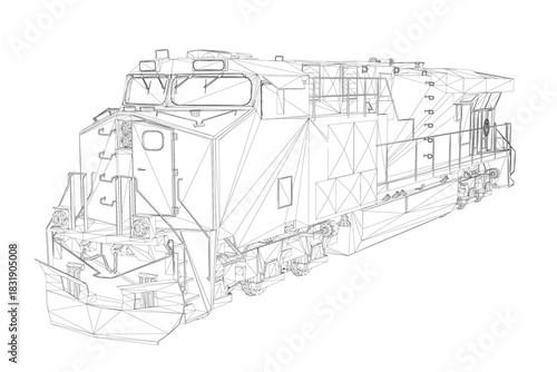 Detailed blueprint of a locomotive train engine in a black and white wireframe drawing. Intricate lines and curves create a realistic technical illustration on a clean white background.