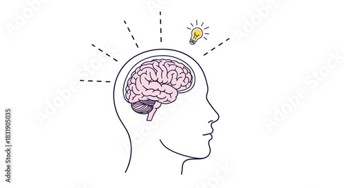 A line art illustration of a human head in profile with the brain visible and a lightbulb symbolizing a new idea.