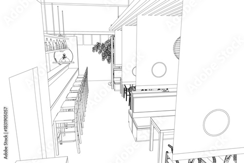 A minimalist contour sketch of a sushi restaurant interior features tables, chairs, and detailed shelves with various objects.
