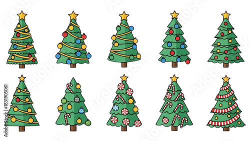 Collection of Decorated Christmas Trees with Ornaments and Lights